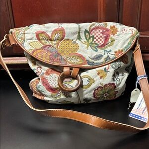 Vintage Patterned material Shoulder Bag with Tan leather Strap and trim